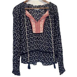 THML Women’s Blue Pink White Embroidered V Neck Tassel Blouse Top Sz M Boho